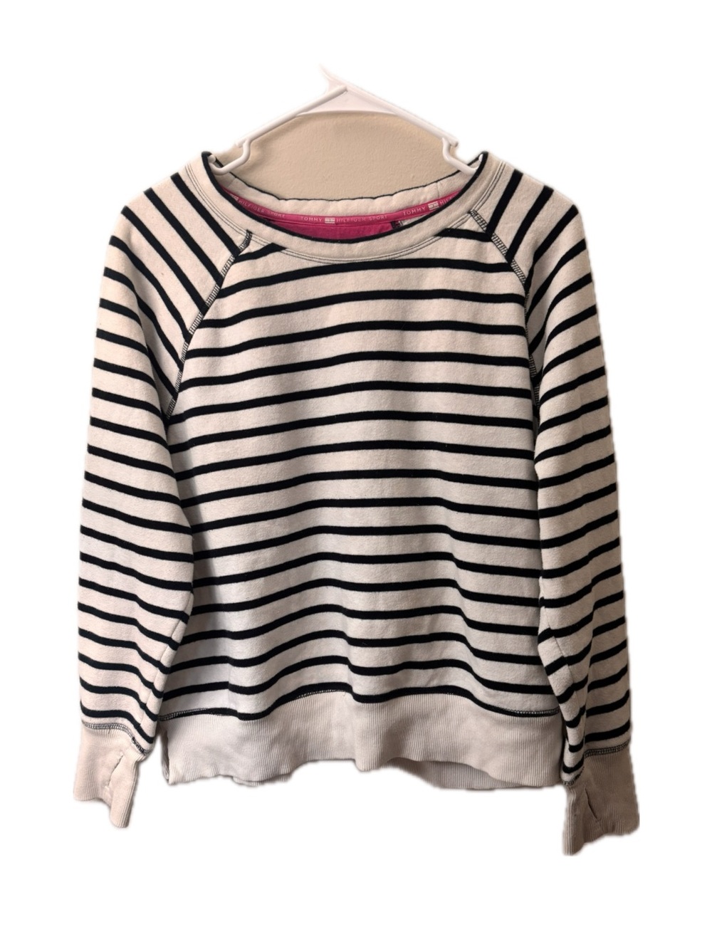 Y2K Tommy Hilfiger Sport Striped Pullover Sweatshirt Navy White Size L